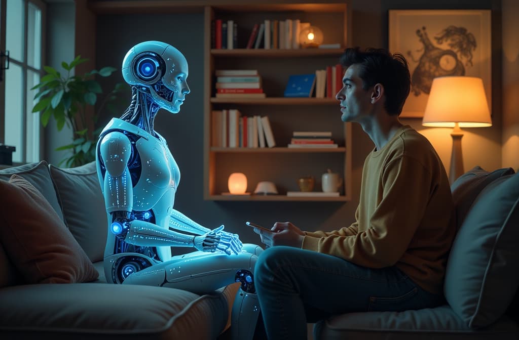  "create an intimate, futuristic scene of a sophisticated artificial intelligence interacting with a human in a cozy, modern living room. the ai appears as a holographic figure, projecting emotions through subtle facial expressions and gestures, while the human, engaged and curious, sits on a plush sofa surrounded by books and technology. soft ambient lighting highlights their interaction, emphasizing a sense of warmth and companionship. the room features digital screens showing complex data and conversational prompts, blending elements of both technology and human connection." hyperrealistic, full body, detailed clothing, highly detailed, cinematic lighting, stunningly beautiful, intricate, sharp focus, f/1. 8, 85mm, (centered image composition), (professionally color graded), ((bright soft diffused light)), volumetric fog, trending on instagram, trending on tumblr, HDR 4K, 8K