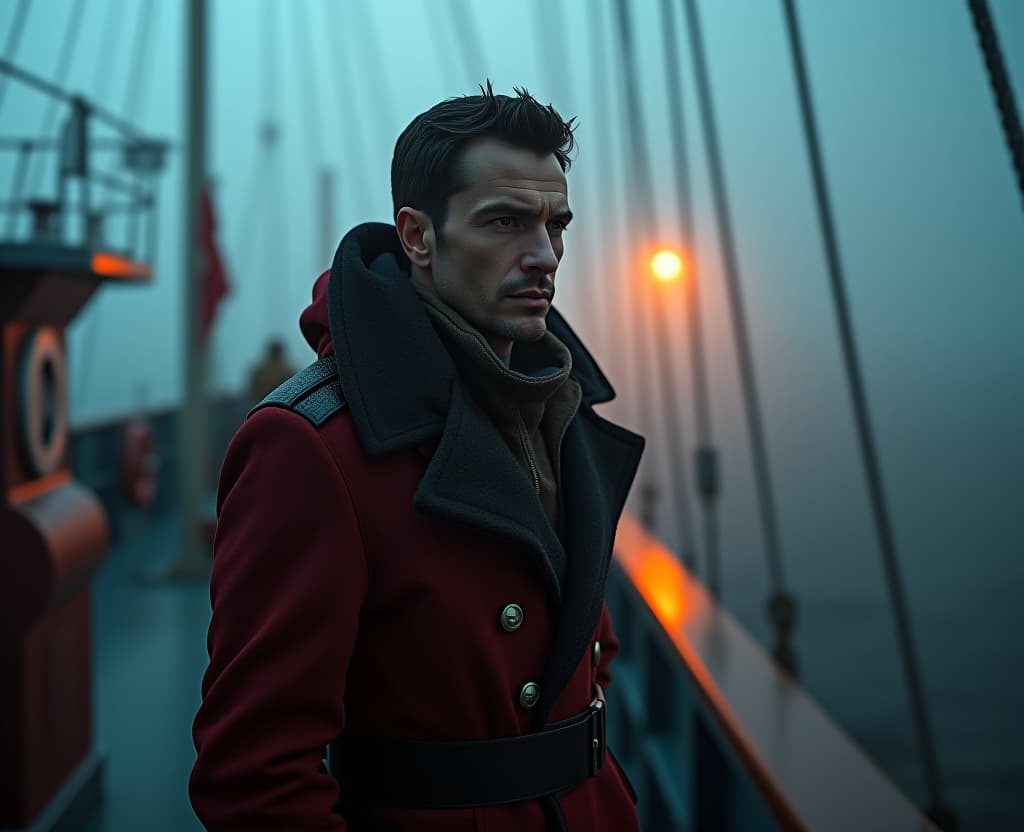  acter sergei nasedkin on the deck of the ship in the mattros hyperrealistic, full body, detailed clothing, highly detailed, cinematic lighting, stunningly beautiful, intricate, sharp focus, f/1. 8, 85mm, (centered image composition), (professionally color graded), ((bright soft diffused light)), volumetric fog, trending on instagram, trending on tumblr, HDR 4K, 8K