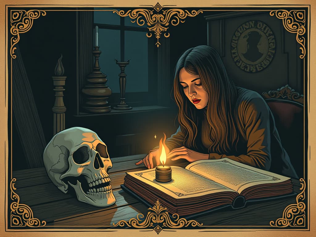  ancient objects illuminated by dim light, intricate designs, atmosphere of decision, impending change, focused mood. an illustration in the style of a worn, mystical old tarot trump card, mysterious and elements of surrealism. the colors are muted, somber and eerie, but with contrast bring out an occult and esoteric vibe.