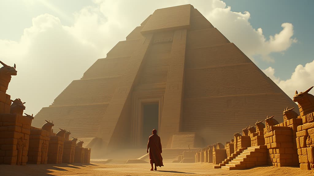  the architecture of a ziggurat inspired by the tower of babel, constructed from sun dried bricks and surrounded by mythological creatures. hyperrealistic, full body, detailed clothing, highly detailed, cinematic lighting, stunningly beautiful, intricate, sharp focus, f/1. 8, 85mm, (centered image composition), (professionally color graded), ((bright soft diffused light)), volumetric fog, trending on instagram, trending on tumblr, HDR 4K, 8K