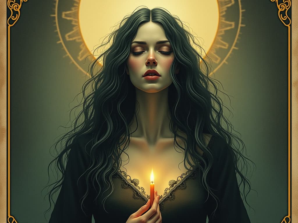  intuitive figure, ethereal light surrounding, serene expression, aura of wisdom. an illustration in the style of a worn, mystical old tarot trump card, mysterious and elements of surrealism. the colors are muted, somber and eerie, but with contrast bring out an occult and esoteric vibe.