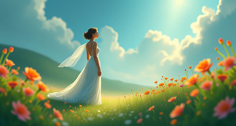  a serene, ethereal landscape, bright flowers and green foliage untouched by destruction. an ethereal figure, in translucent attire, stands strong, embodying unbroken faith and triumph.. the style is digital art illustration,highly detailed, whimsical,magical, dreamlike atmosphere, realism and fantasy blend, smooth, glossy textures,luminous quality, wonder and enchantment.