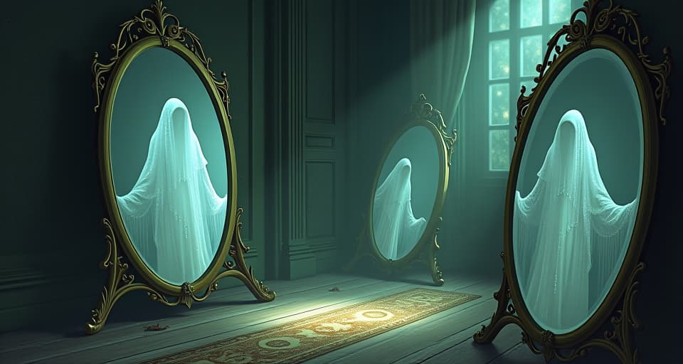  mirrors scattered around an enchanted room, each reflecting the ghostly visage of an ethereal being. distorted reflections, looming specter, enchanting ambiance.. the style is digital art illustration,highly detailed, whimsical,magical, dreamlike atmosphere, realism and fantasy blend, smooth, glossy textures,luminous quality, wonder and enchantment.