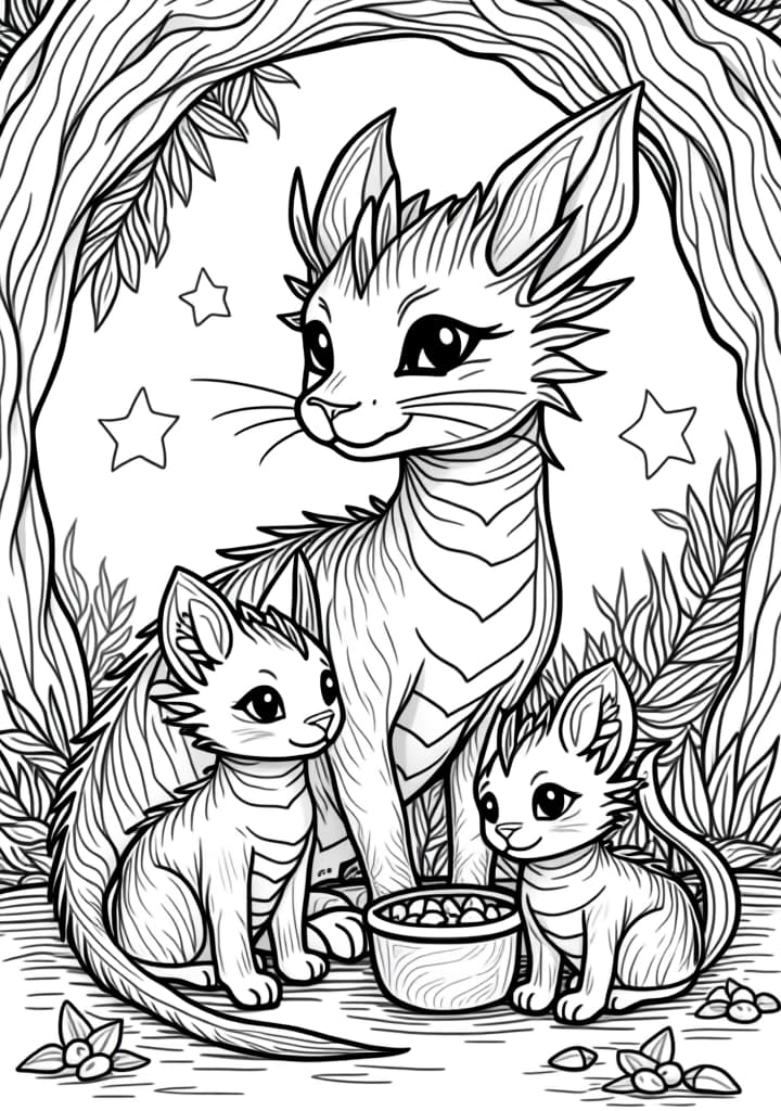  you're a coloring book bot. your job is to make delightful elementary appropriate coloring book pages. a coloring book page is as follows: black and white outlines, low complexity. very simplistic, easy for s to color in. always appropriate, whimsical themes, white background, (no colour)++, (no shading)++, black lines, a dragon cat mother watching over her dragon kittens in their cozy lair, filled with treasures and warmth. add a small star shape outline to the background. blend it into the picture. make it challenging for a to find. the image should be a high contrast, black and white line drawing on a blank white background, with no shadows or borders, and should utilise the entire space without leaving  hyperrealistic, full body, detailed clothing, highly detailed, cinematic lighting, stunningly beautiful, intricate, sharp focus, f/1. 8, 85mm, (centered image composition), (professionally color graded), ((bright soft diffused light)), volumetric fog, trending on instagram, trending on tumblr, HDR 4K, 8K