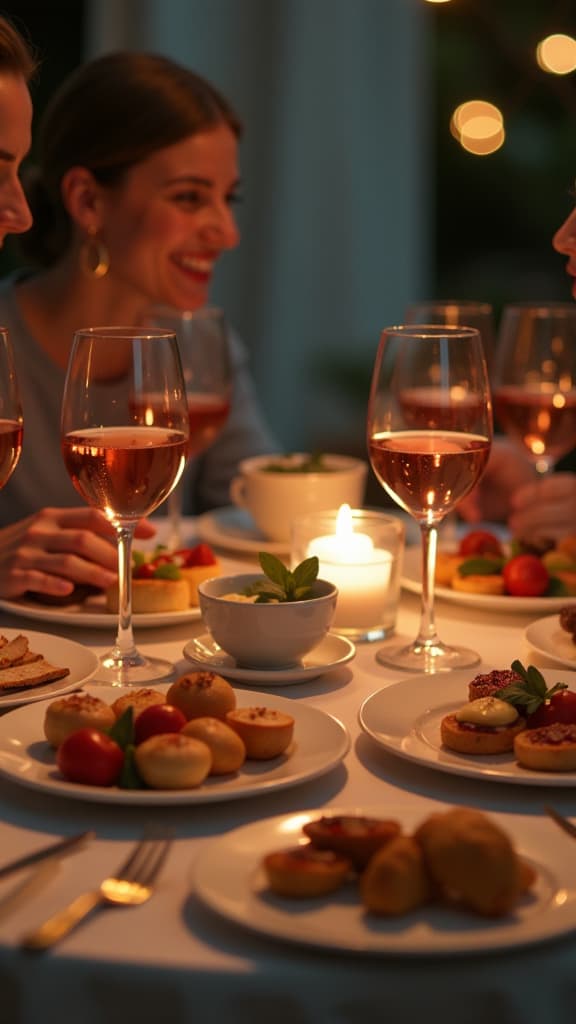  professional detailed photography, friends having a dinner party with different kinds of appetizers and rose wine. ar 9:16, (muted colors, dim colors, soothing tones), (vsco:0.3)