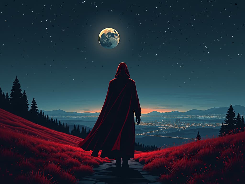  person in red robes, walking towards a distant city under a starry sky, sense of journey and transformation. the style is digital art illustration / modern comic book / graphic dark novel fantasy and mysterious occult, symbolic, moody lighting, esoteric vibe,high detail on character design. for the color scheme emphasize blacks and reds.