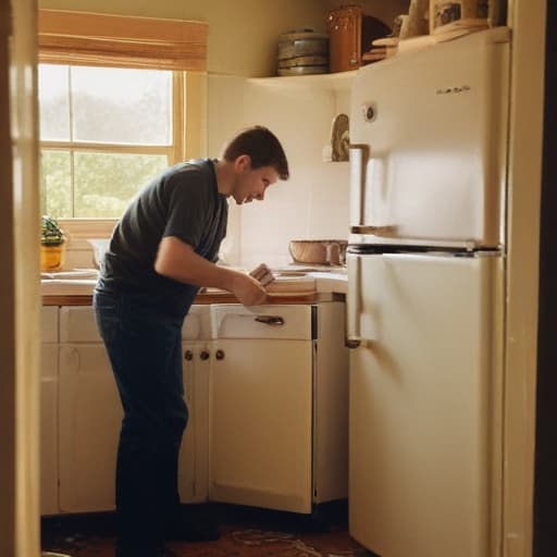 A photo of a skilled repair technician meticulously repairing a vintage refrigerator in a cozy, sunlit kitchen during the late afternoon, casting warm, golden hues across the scene.