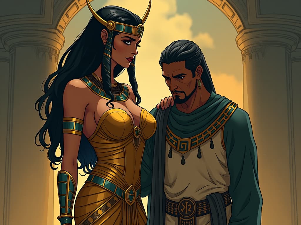  a large busted goddess in a tight, shimmering gown, standing beside a distressed individual in traditional egyptian attire, her hand on their shoulder, her expression one of deep empathy and thoughtfulness.. the style is digital art illustration / modern comic book / mysterious occult, symbolic, esoteric vibe,high detail on character design, incorporating ancient egyptian symbology and attire.