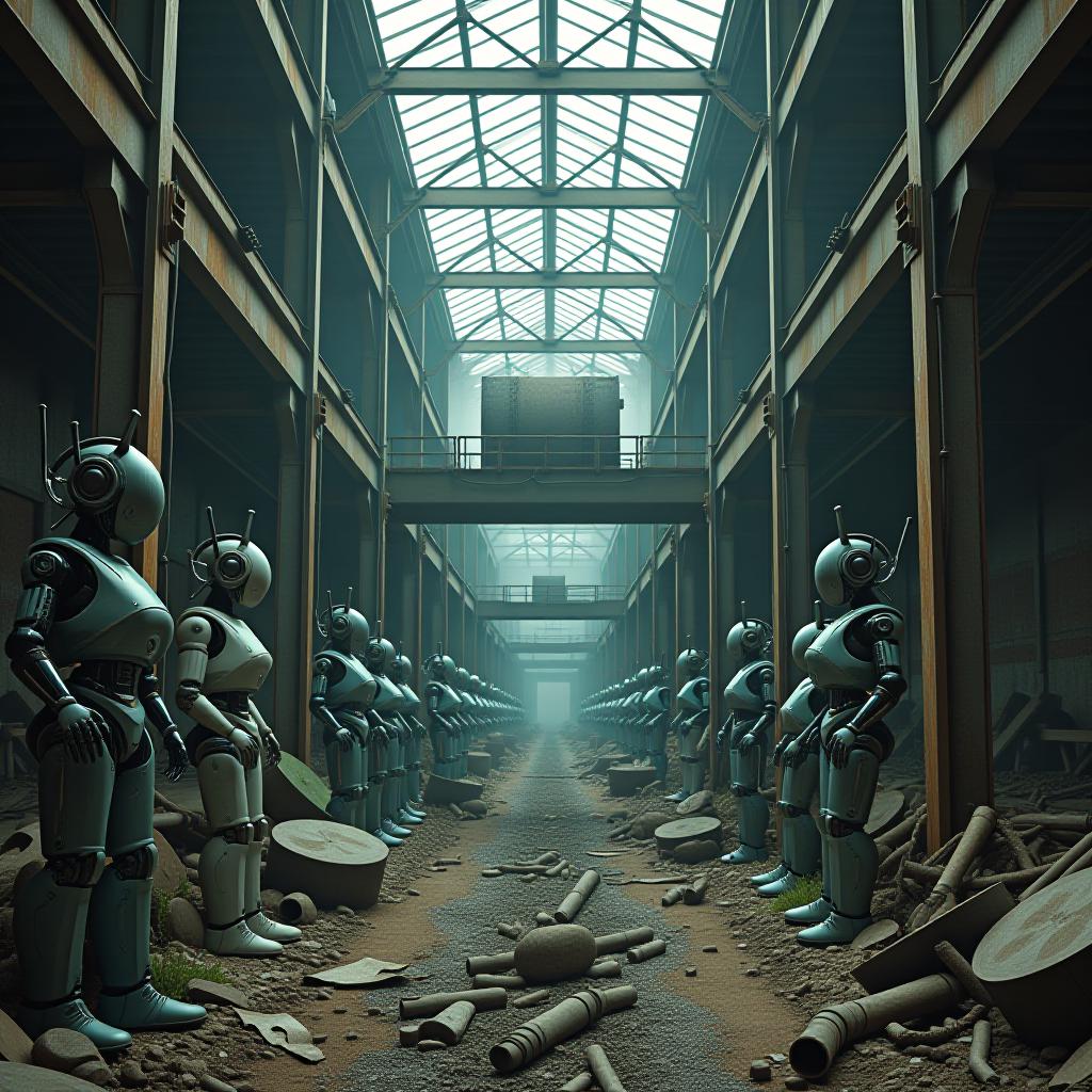  an abandoned factory filled with deactivated robots in various states of disrepair, with nature slowly reclaiming the space.hyper detail, intricate details, sharp focus, high resolution, 8k, ultra detailed, vib