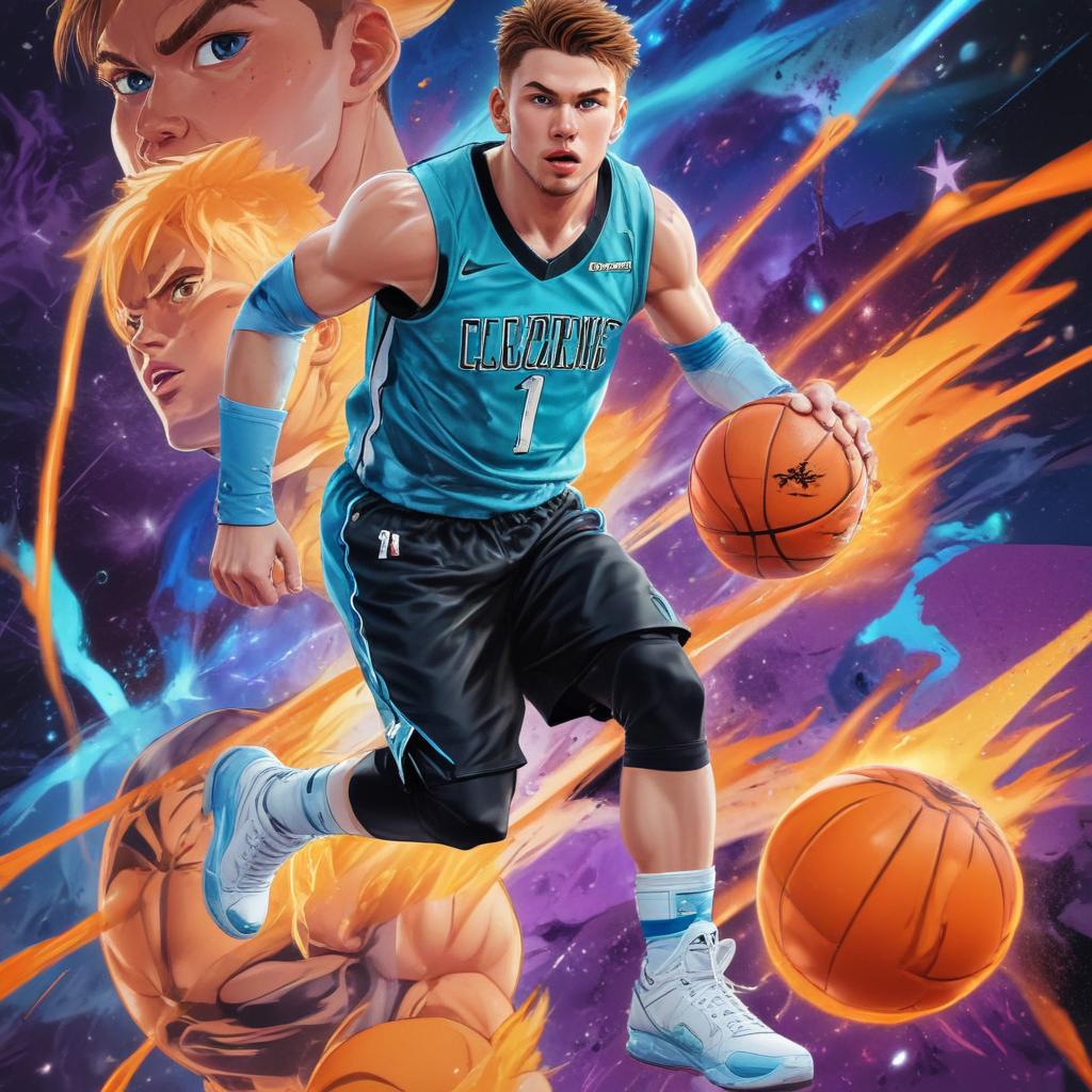 distance-shot, flashy, full-body, dynamic, holographic, animated cartoon poster of luka doncic in the style of dragon ball super