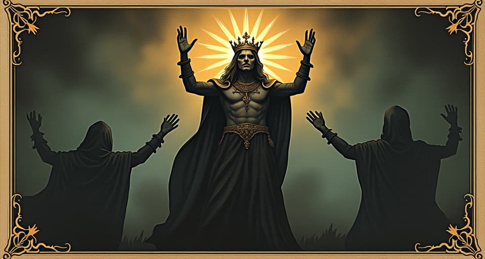  a regal figure with a crown of light, channeling divine energy, hands raised in a commanding gesture, dark forms being pushed back, majestic, authoritative. an illustration in the style of a worn, mystical old tarot trump card, mysterious and elements of surrealism. the colors are muted, somber and eerie, but with contrast bring out an occult and esoteric vibe.