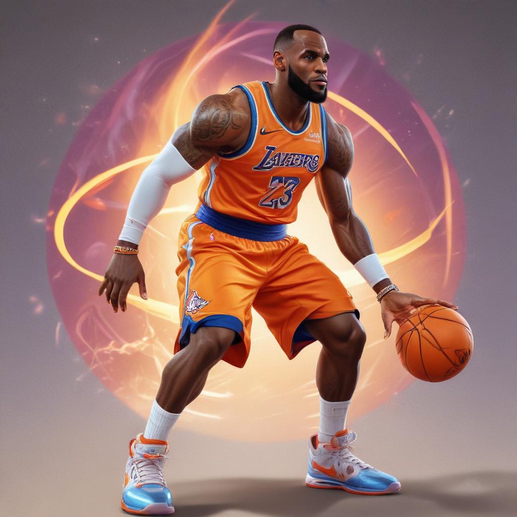 distance-shot, flashy, full-body, dynamic, holographic, animated cartoon poster of lebron james in the style of dragon ball super