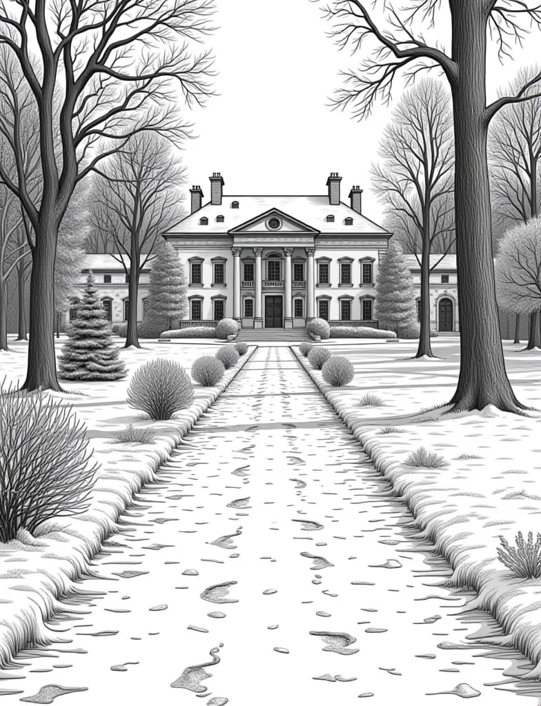  this is for an adult coloring page. a detailed black and white line art of a snowy snow covered pathway leading to a grand estate on a solid white background.