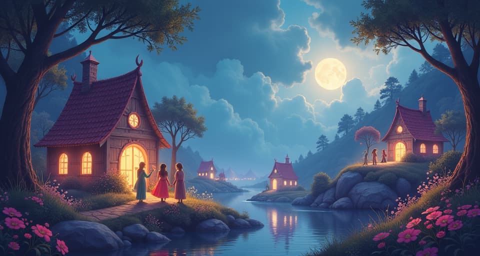  a community of ethereal beings living harmoniously in a luminescent village. magical creatures intermingling effortlessly, the air filled with supportive energy and mutual respect.. the style is digital art illustration,highly detailed, whimsical,magical, dreamlike atmosphere, realism and fantasy blend, smooth, glossy textures,luminous quality, wonder and enchantment.