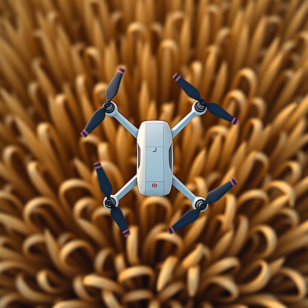  the drone is flying over wheat fields from a bird's eye view.