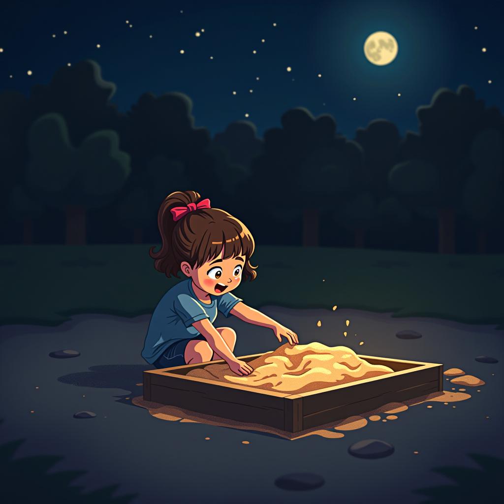  the girl is playing in the sandbox at night.