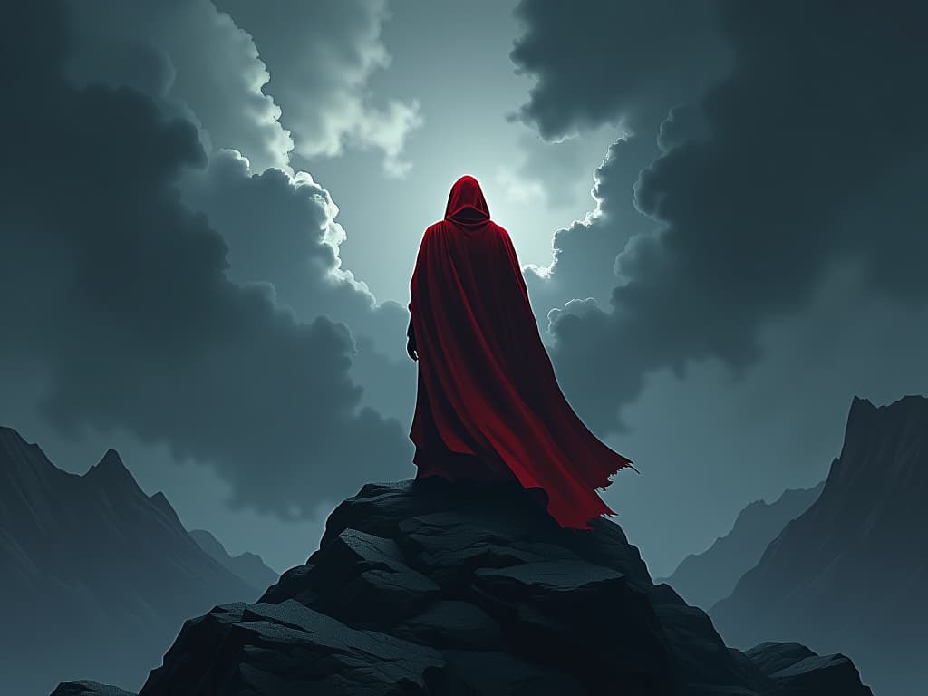  solitary figure in red robe, standing on a desolate mountain peak, dark clouds looming, aura of profound isolation. the style is digital art illustration / modern comic book / graphic dark novel fantasy and mysterious occult, symbolic, moody lighting, esoteric vibe,high detail on character design. for the color scheme emphasize blacks and reds.