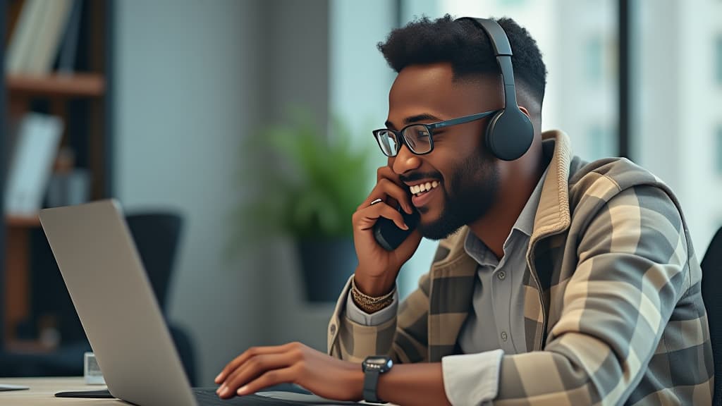  happy african man man call center agent wearing headset talking to client working in customer support office. professional contract service telemarketing operator using laptop having conversation. ar 16:9 {prompt}, maximum details