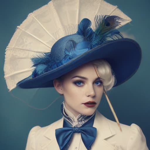 Rainbow twink man in lady wig makeup Cupid’s bow lipstick cowboy top hat and headdress tuxedo with spur whore Elizabethan collar wand parasol peacock dress, cyanotype, blue and white, 1900's, oldstyle, concept art, digital painting, artstation, big strokes, ultra detailed, high quality