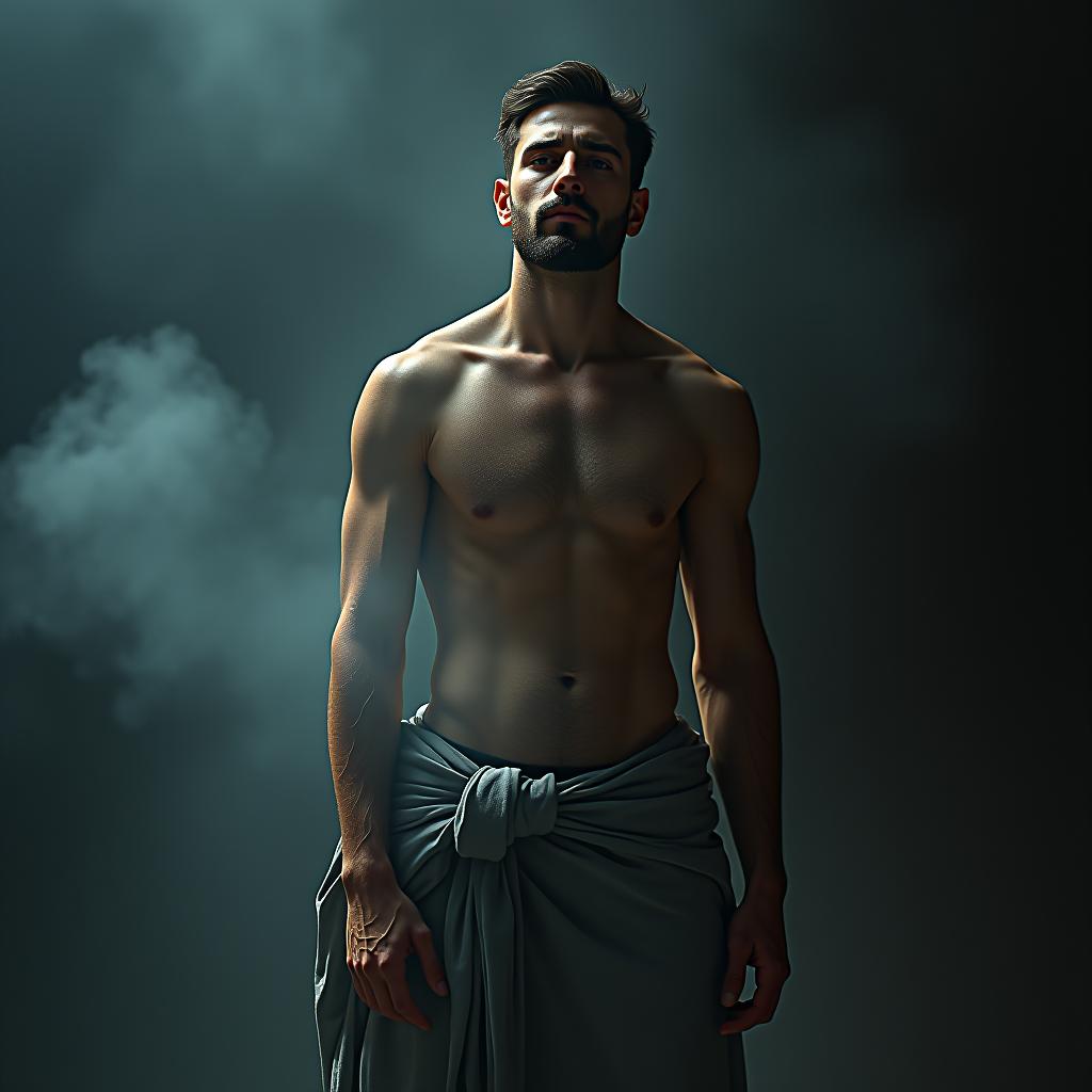  naked man hyperrealistic, full body, detailed clothing, highly detailed, cinematic lighting, stunningly beautiful, intricate, sharp focus, f/1. 8, 85mm, (centered image composition), (professionally color graded), ((bright soft diffused light)), volumetric fog, trending on instagram, trending on tumblr, HDR 4K, 8K