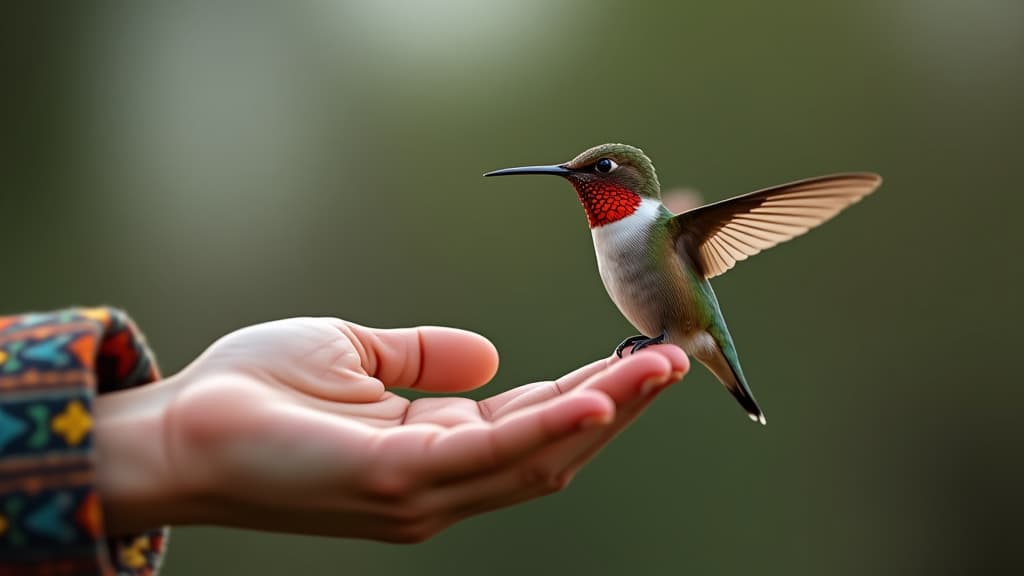  hummingbird approaches human hand for food in polluted outdoor setting