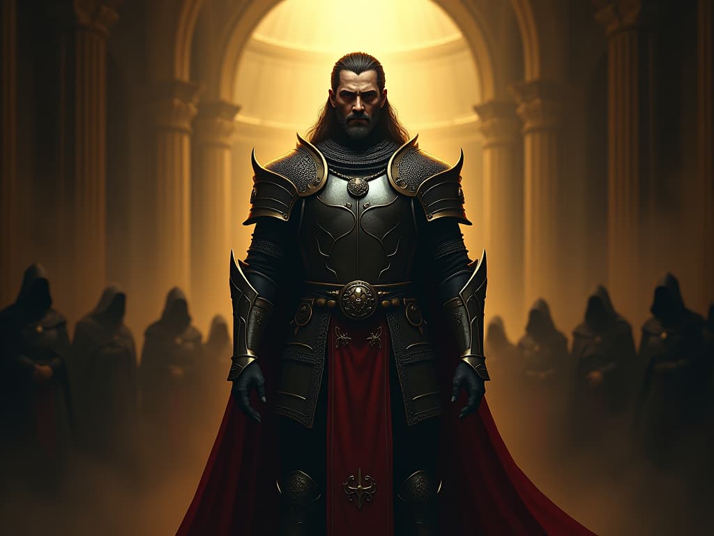  a dignified warrior with a stern expression, adorned in ancient armor, standing in a golden spotlight amidst a darkened hall, exuding confidence and honor, the backdrop of shadowed, cowering figures.. the style is dark fantasy and mysterious occult, symbolic, moody lighting, esoteric vibe,high detail on character design. for the color scheme emphasize blacks and reds.