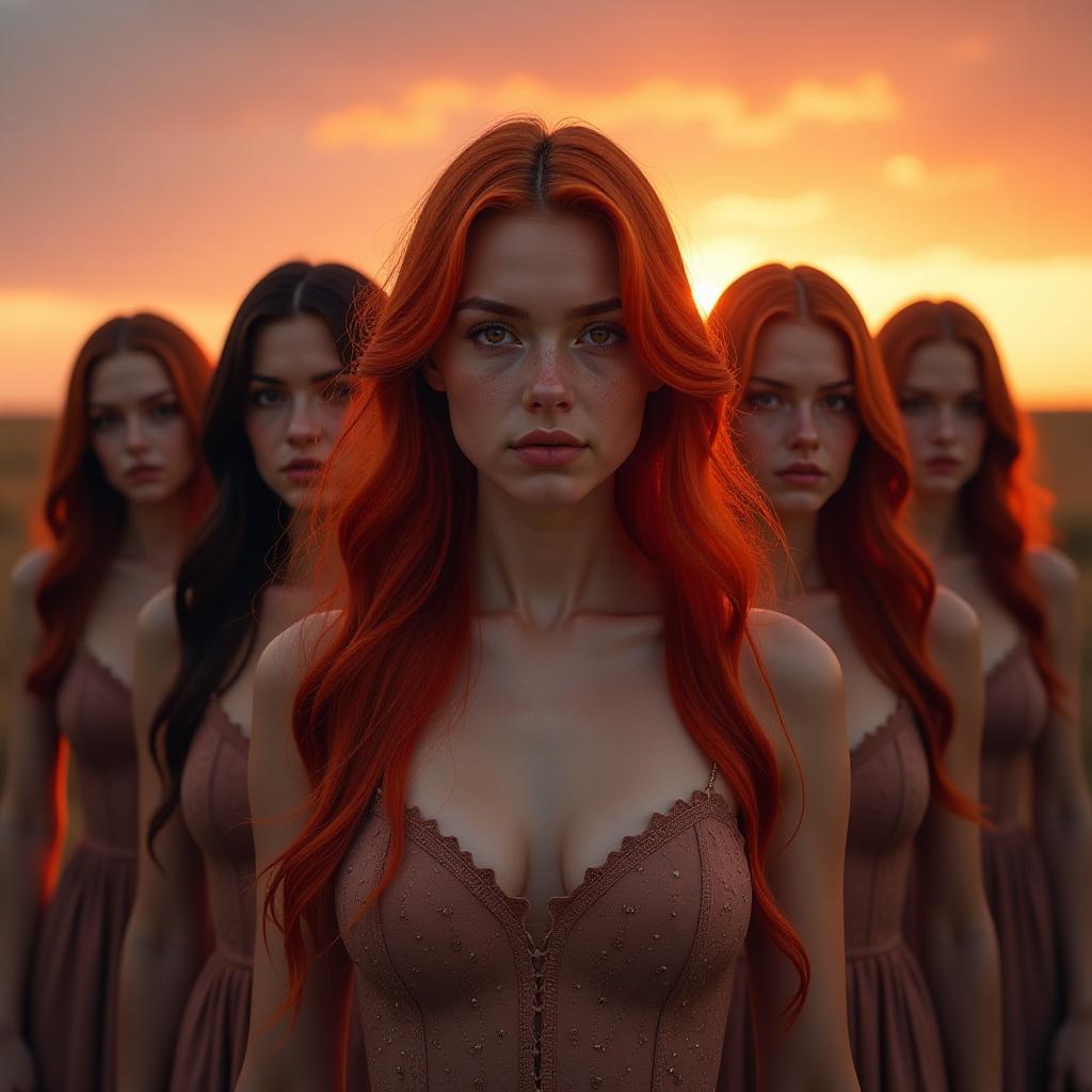  eight women and girls with red eyes and long hair stand against the sunset, facing the camera, with their shoulders covered. hyperrealistic, full body, detailed clothing, highly detailed, cinematic lighting, stunningly beautiful, intricate, sharp focus, f/1. 8, 85mm, (centered image composition), (professionally color graded), ((bright soft diffused light)), volumetric fog, trending on instagram, trending on tumblr, HDR 4K, 8K