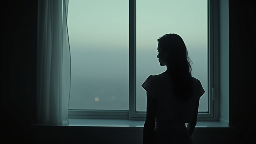  , a somber scene of julia looking out the window, contemplating her lost dreams while reminiscing about her happier times with leonardo. hyperrealistic, full body, detailed clothing, highly detailed, cinematic lighting, stunningly beautiful, intricate, sharp focus, f/1. 8, 85mm, (centered image composition), (professionally color graded), ((bright soft diffused light)), volumetric fog, trending on instagram, trending on tumblr, HDR 4K, 8K