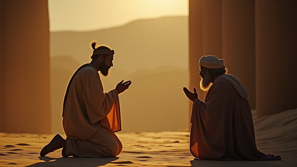  history of biblical times, naaman kneeling before elisha, offering thanks and professing his faith in the god of israel. hyperrealistic, full body, detailed clothing, highly detailed, cinematic lighting, stunningly beautiful, intricate, sharp focus, f/1. 8, 85mm, (centered image composition), (professionally color graded), ((bright soft diffused light)), volumetric fog, trending on instagram, trending on tumblr, HDR 4K, 8K