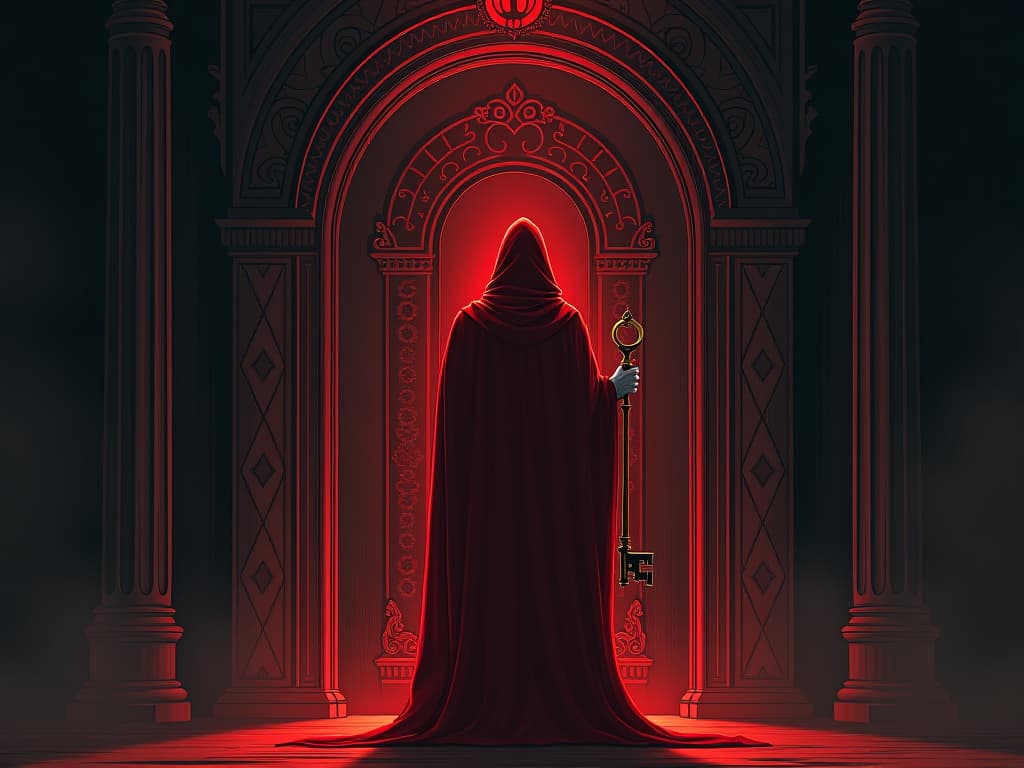  figure in red holding a golden key, standing before an ornate door, key to fulfillment. the style is digital art illustration / modern comic book / graphic dark novel fantasy and mysterious occult, symbolic, moody lighting, esoteric vibe,high detail on character design. for the color scheme emphasize blacks and reds.