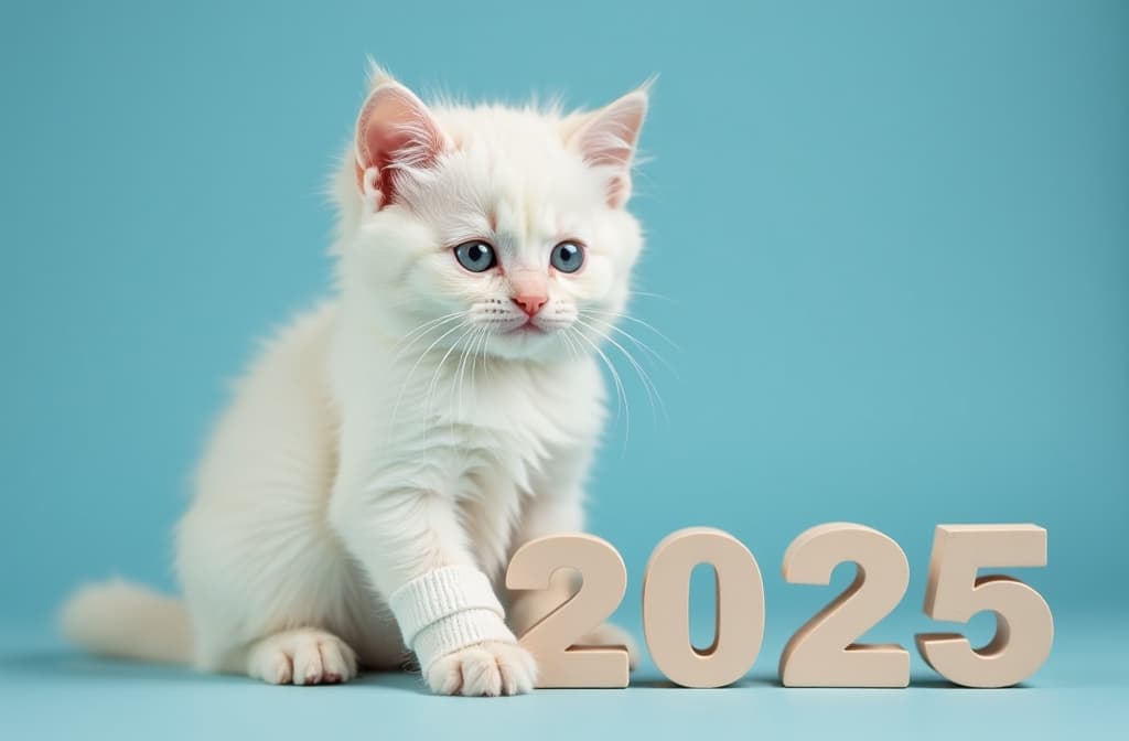  professional detailed photography, cute little fluffy white kitten with bandaged paw sitting next to letters (2025), clear blue background , (muted colors, dim colors, soothing tones), (vsco:0.3)