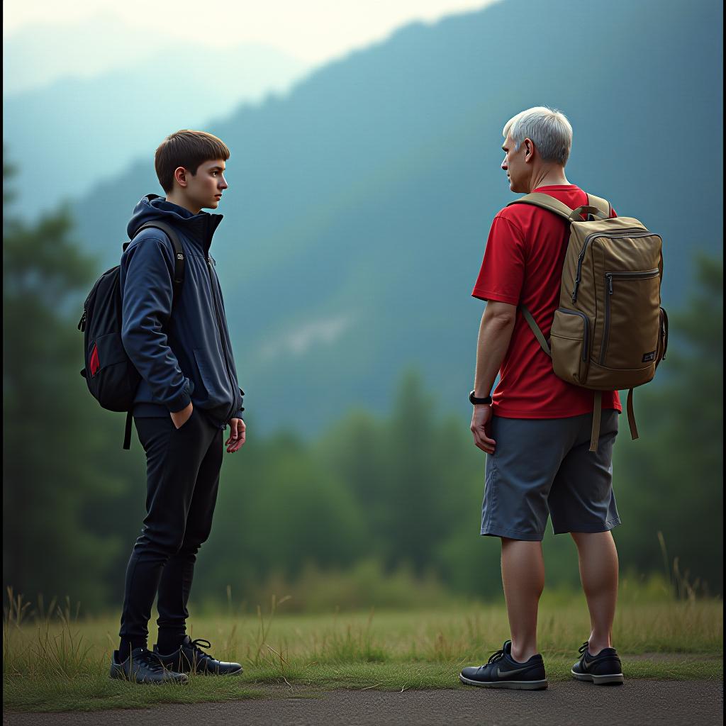  cinematic photo a total of 15 students in 2004 who went to north ossetia mountains. two of which are: a 20 , short, gloomy face; a old , a red shirt and grey shorts with a walking bag looking at a guy . 35mm photograph, film, bokeh, professional, 4k, highly detailed hyperrealistic, full body, detailed clothing, highly detailed, cinematic lighting, stunningly beautiful, intricate, sharp focus, f/1. 8, 85mm, (centered image composition), (professionally color graded), ((bright soft diffused light)), volumetric fog, trending on instagram, trending on tumblr, HDR 4K, 8K