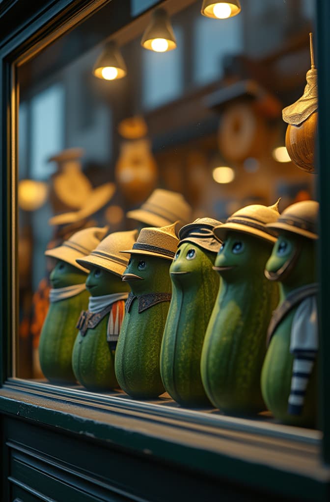  the storefront of a business that sells small hats for pickles. the front window has a display of green pickles lined up wearing a variety of different small hats and helmets. hyperrealistic, full body, detailed clothing, highly detailed, cinematic lighting, stunningly beautiful, intricate, sharp focus, f/1. 8, 85mm, (centered image composition), (professionally color graded), ((bright soft diffused light)), volumetric fog, trending on instagram, trending on tumblr, HDR 4K, 8K