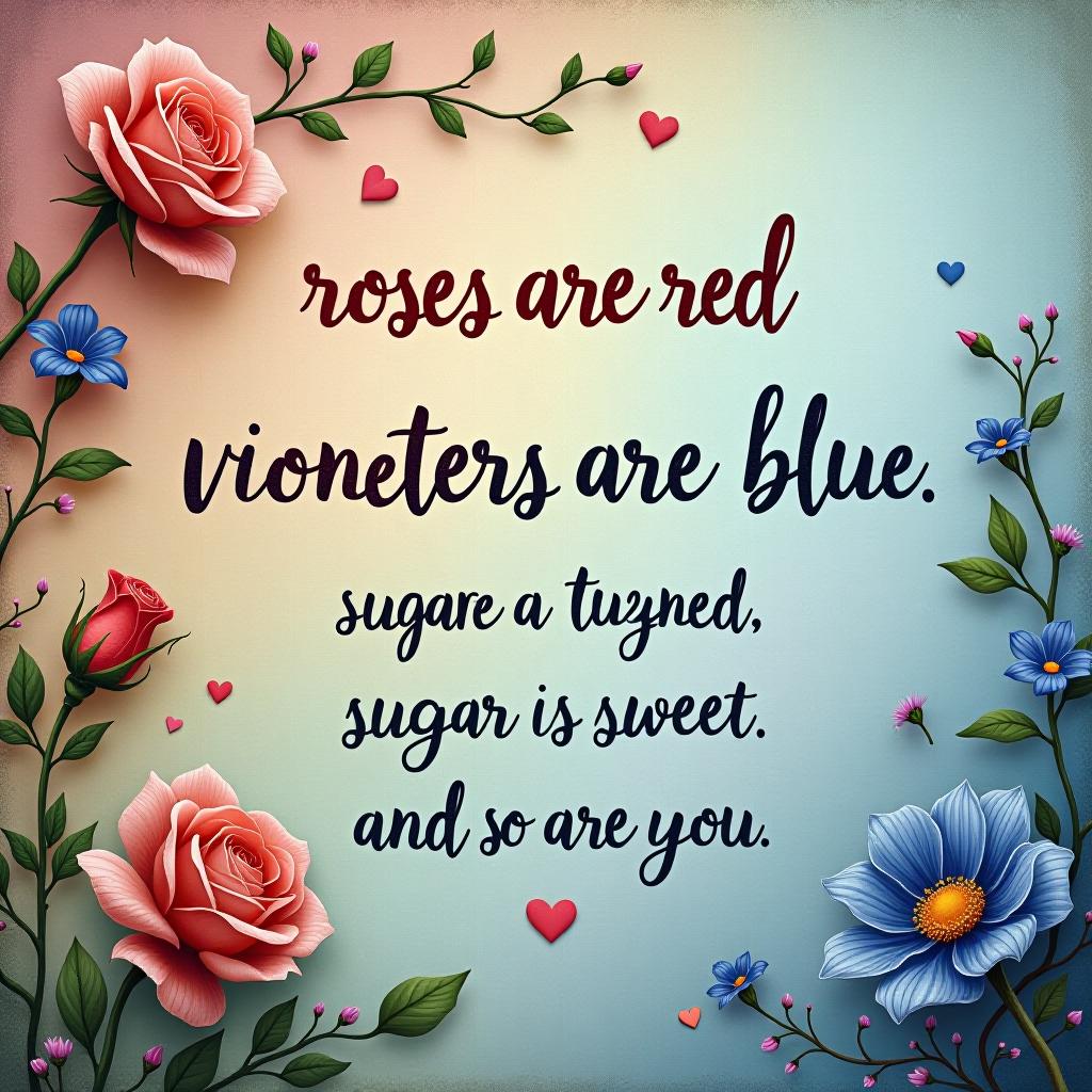  write this poem with cursive text on a background that fits the words: roses are red violets are blue, sugar is sweet and so are you.