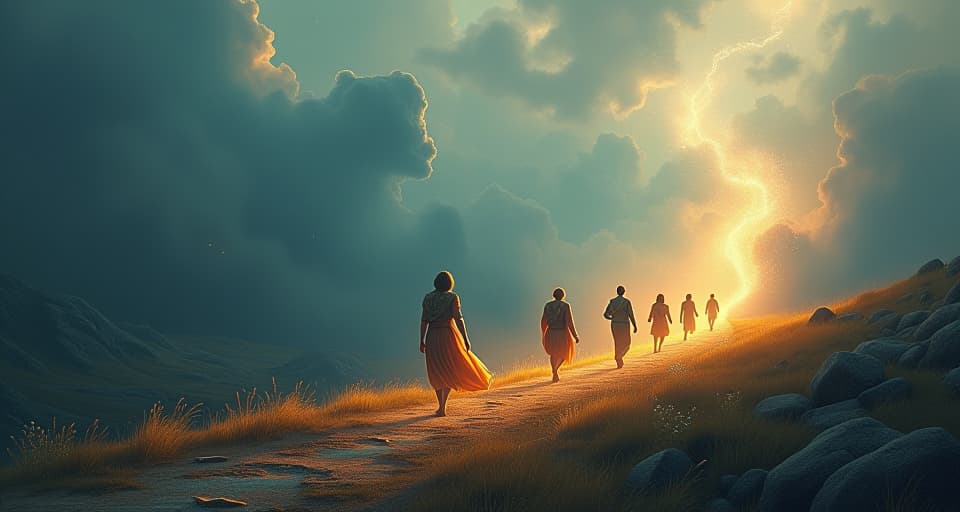  a magical landscape with followers walking alongside the central figure. their path illuminated by ethereal light, each step exuding strength, guidance, and motivation.. the style is digital art illustration,highly detailed, whimsical,magical, dreamlike atmosphere, realism and fantasy blend, smooth, glossy textures,luminous quality, wonder and enchantment.