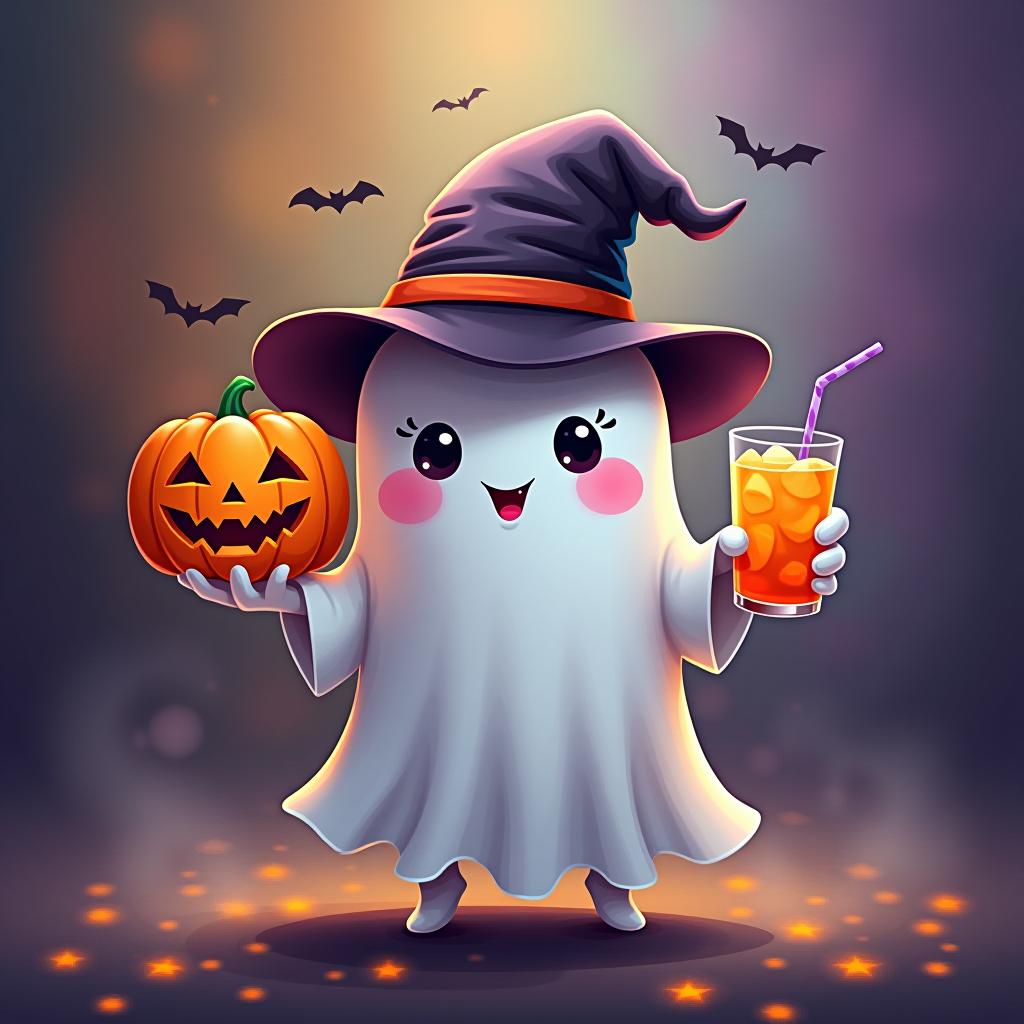  create a digital painting featuring a cute ghost character. the ghost should be wearing a hat. in one hand, the ghost should hold a pumpkin with a carved face, and in the other hand, a halloween themed drink. the background should be colorfull and include small black bats and stars to add a playful halloween touch. the overall style should be cute, whimsical, and colorful hyperrealistic, full body, detailed clothing, highly detailed, cinematic lighting, stunningly beautiful, intricate, sharp focus, f/1. 8, 85mm, (centered image composition), (professionally color graded), ((bright soft diffused light)), volumetric fog, trending on instagram, trending on tumblr, HDR 4K, 8K