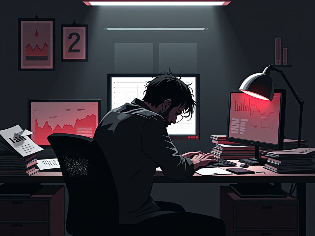  a modern office scene, coworker hunched over a cluttered desk, monitors displaying graphs of failure, piles of unfinished work, expression of despair, fluorescent lighting casting a cold glow.. the style is dark fantasy and mysterious occult, symbolic, moody lighting, esoteric vibe,high detail on character design. for the color scheme emphasize blacks and reds.