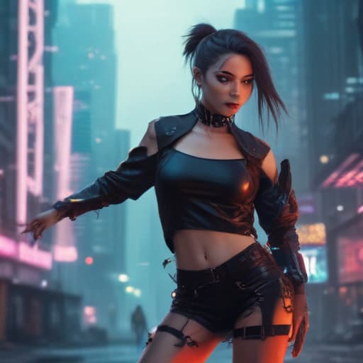 Beautiful dancing girl in Cyberpunk style with City background