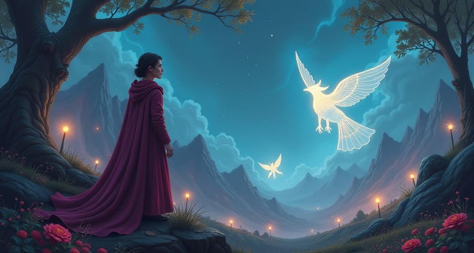  a mystical landscape with a central figure, an ethereal sorcerer, gazing into the distance with a pensive expression. the background is filled with glowing magical creatures, symbolizing unexpected consequences.. the style is digital art illustration,highly detailed, whimsical,magical, dreamlike atmosphere, realism and fantasy blend, smooth, glossy textures,luminous quality, wonder and enchantment.