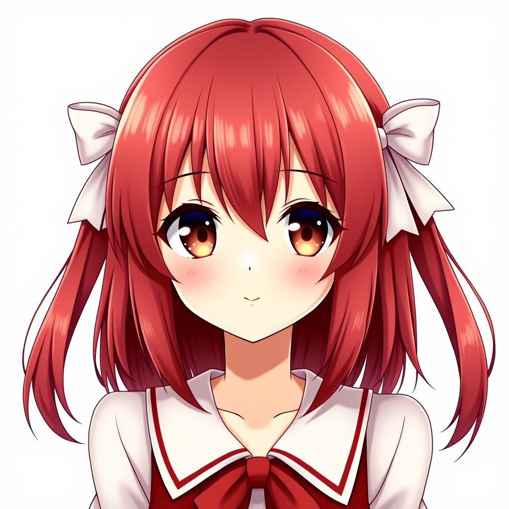  a girl with red hair and white bows on the sides. anime realistic style.