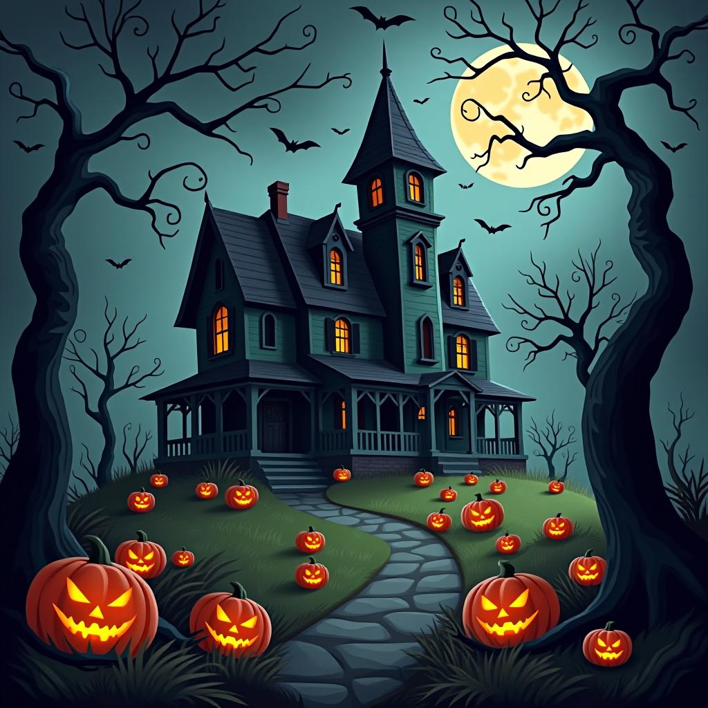  create a seamless digital painting of a spooky, halloween themed scene featuring a haunted house with gothic architecture. the house should be surrounded by twisted, gnarled trees and a multitude of jack o' lanterns. the scene should include a dark, cloudy sky to enhance the eerie atmosphere. the overall style should be detailed and atmospheric, capturing the essence of a haunted, creepy environment perfect for halloween, ensuring the design is seamless for use in repeating patterns or wraps.