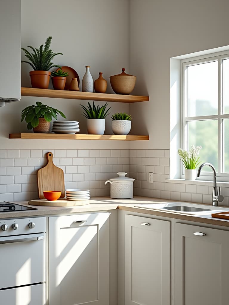  high quality portrait photo of a bright white kitchen with open shelving displaying colorful ceramics and plants, a patterned tile backsplash, and a large window letting in natural light hyperrealistic, full body, detailed clothing, highly detailed, cinematic lighting, stunningly beautiful, intricate, sharp focus, f/1. 8, 85mm, (centered image composition), (professionally color graded), ((bright soft diffused light)), volumetric fog, trending on instagram, trending on tumblr, HDR 4K, 8K