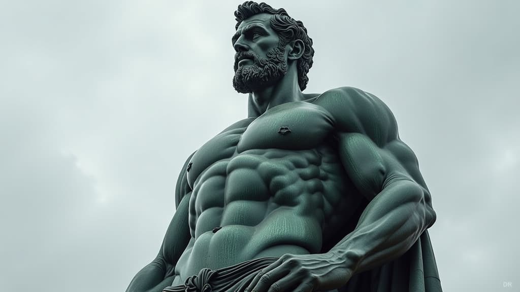  an imposing statue of iron, graceful, muscular, stoicism, statue of stoicism