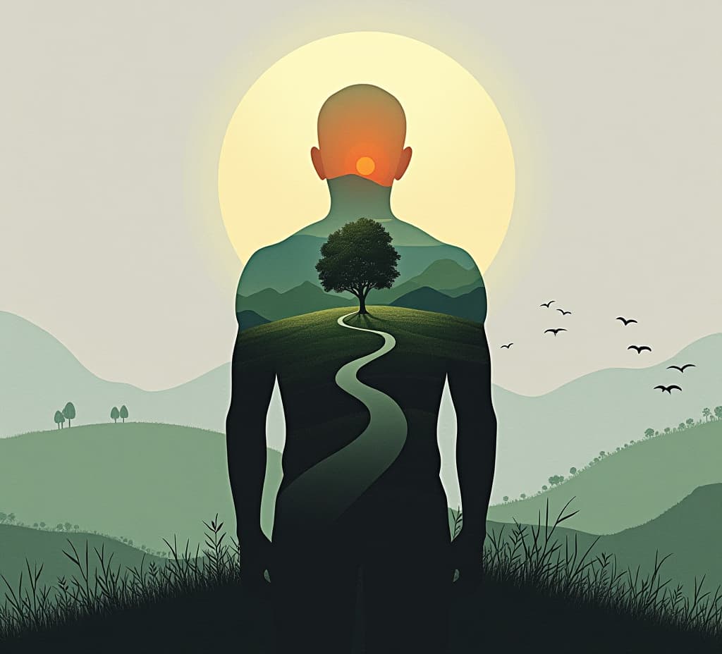  illustration of a human's back with a landscape on it