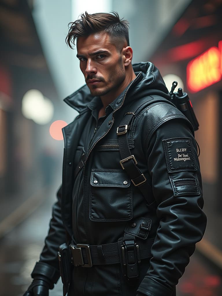  hombre hermoso, cuerpo completo, soldado  cyberpunk,  en su uniforme un texto bordado que dice, jhon mendoza. hyperrealistic, full body, detailed clothing, highly detailed, cinematic lighting, stunningly beautiful, intricate, sharp focus, f/1. 8, 85mm, (centered image composition), (professionally color graded), ((bright soft diffused light)), volumetric fog, trending on instagram, trending on tumblr, HDR 4K, 8K