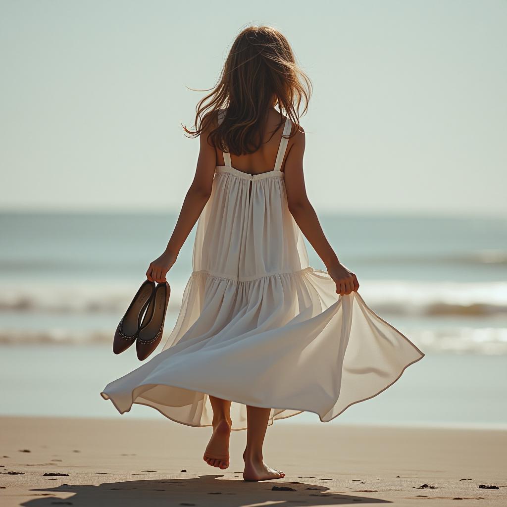  the girl at the beach has her dress flowing in the wind, holding shoes in her hands.