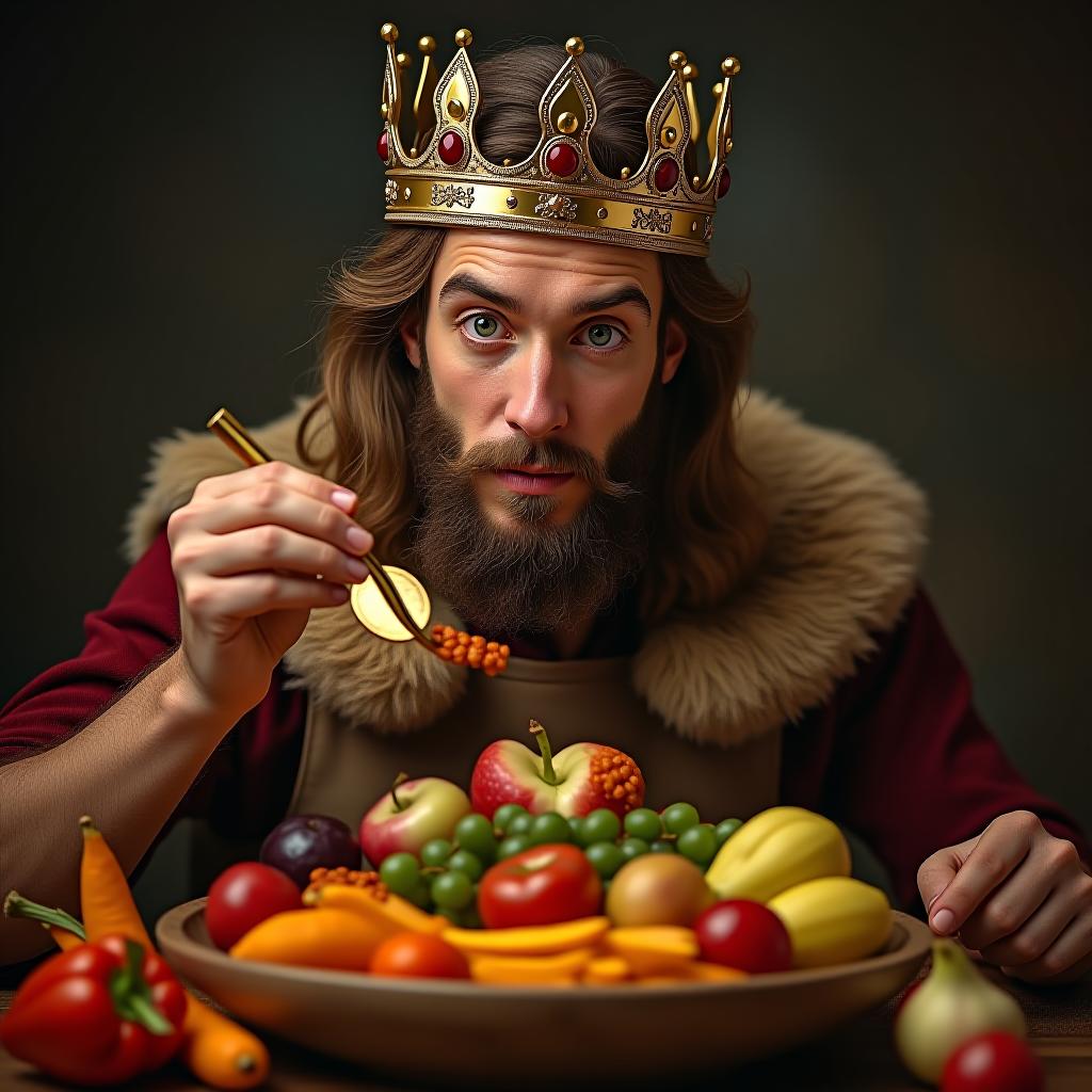  make an image of a man with brown hair with a crown of a king eating a feast of fruits and vegetables