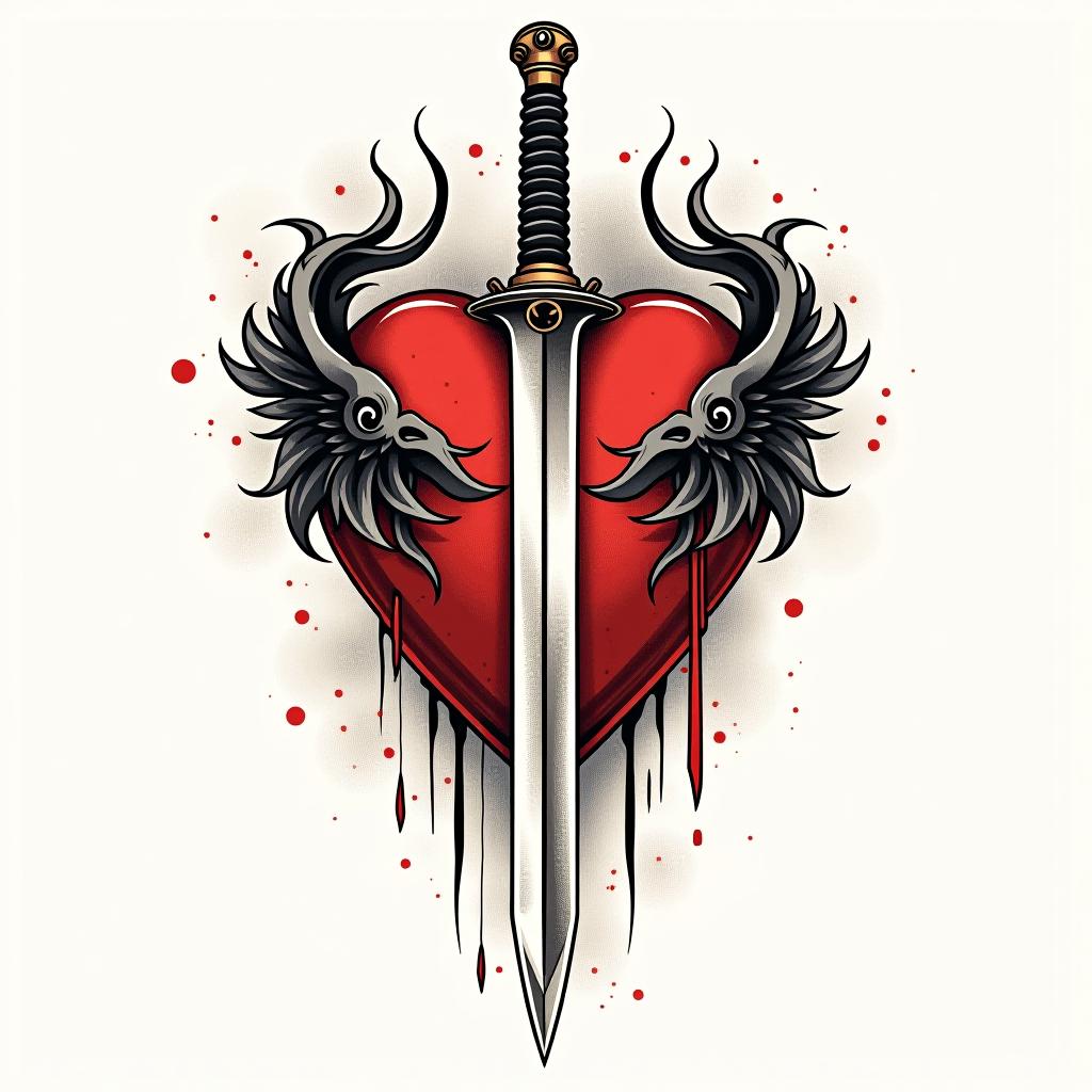  tattoo, japanese style, sword inside heart, white background