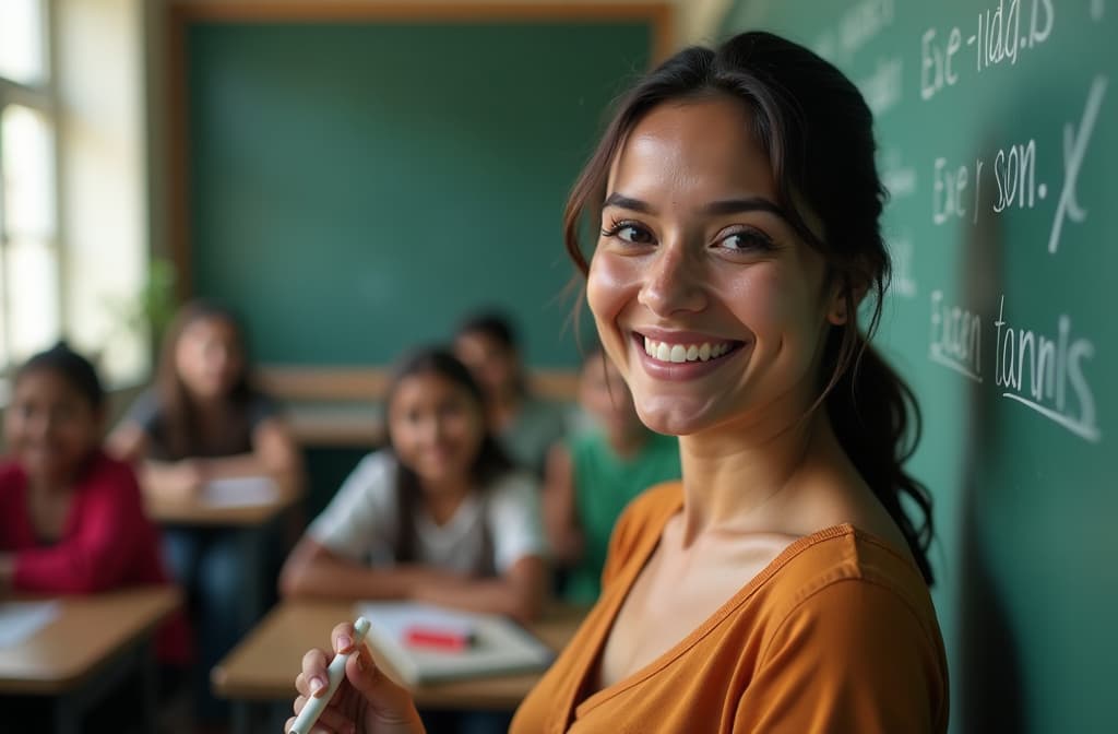  a smiling mexican woman with chalk near a school board where examples are written, and in the background several students sit at desks ar 3:2, (natural skin texture), highly detailed face, depth of field, hyperrealism, soft light, muted colors