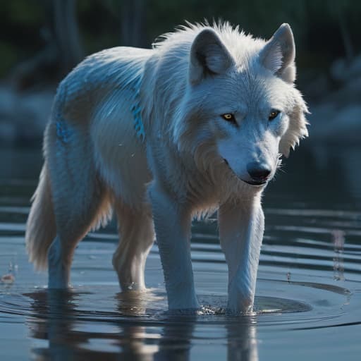 In the heart of a tranquil lake, a majestic Water Spirit Wolf emerges from the crystal-clear waters. Its fur shimmers with iridescent hues of blue and silver, reflecting the moonlight above. Gentle ripples form around its paws as it gazes serenely into the distance, a sense of wisdom and power emanating from its piercing eyes. The surrounding aquatic flora sways in harmony with its presence, creating a serene and mystical ambiance. The Water Spirit Wolf exudes an aura of calm strength, embodying the untamed beauty of the natural world. fantastical creatures or characters inspired by mythology, folklore, or popular culture. use vibrant colors, sharp lines, intricate details, dynamic poses, dramatic lighting, atmospheric backgrounds, and blen